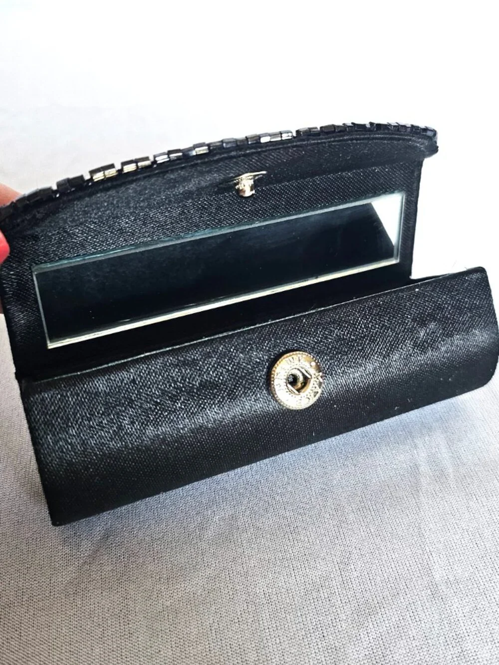 Vintage Black Satin Beaded Lipstick Case | Mirror Snap Closure